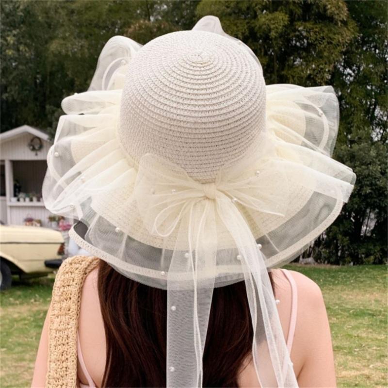 Elegant Sun Hat For Women Paper Straw Breathable And Foldable Lace Bowknot Wide Brims Panama Hat for Camping Travel