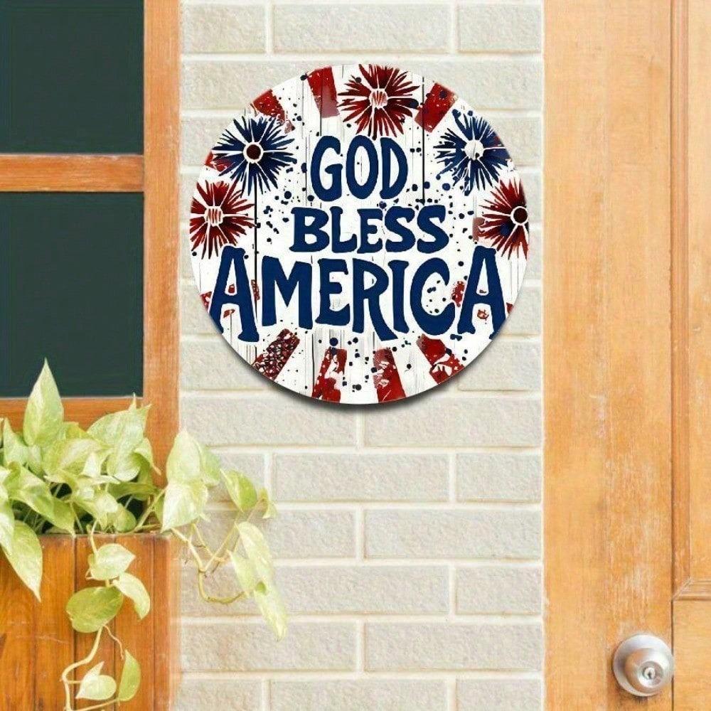 Vintage Round Aluminum Sign 8x8 Inch Patriotic Wall Plaque God Bless America Floral Flag Design Weatherproof Home Decor