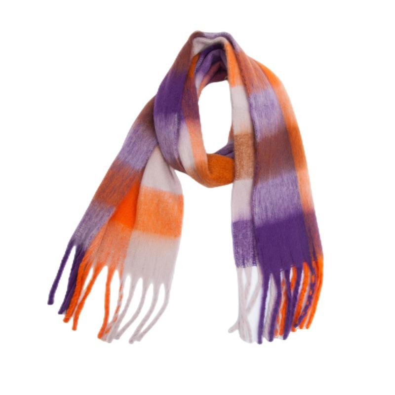Winter Yarn Thicken Style Luxury Multicolour Plaid Faux Mohair Scarf Women Tassel Long Ring