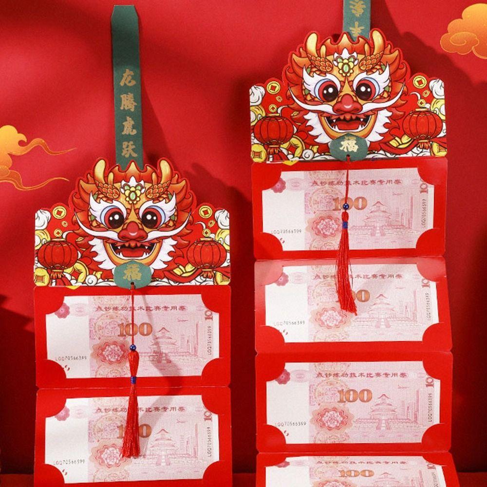 Hot Stamping 2026 Folding Red Envelope Cartoon Pattern Thickening Dragon Year Red Pocket With Tassels Lucky Festival Bag