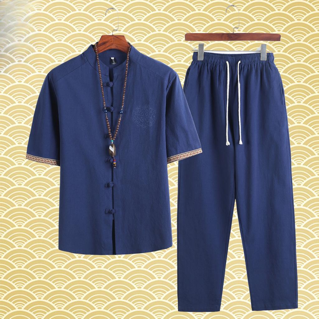 Chinese Style Summer Cotton and Linen Shirt Suit Men's Retro Button Embroidered Linen Short-sleeved Shirt and Trousers Two-piece Set