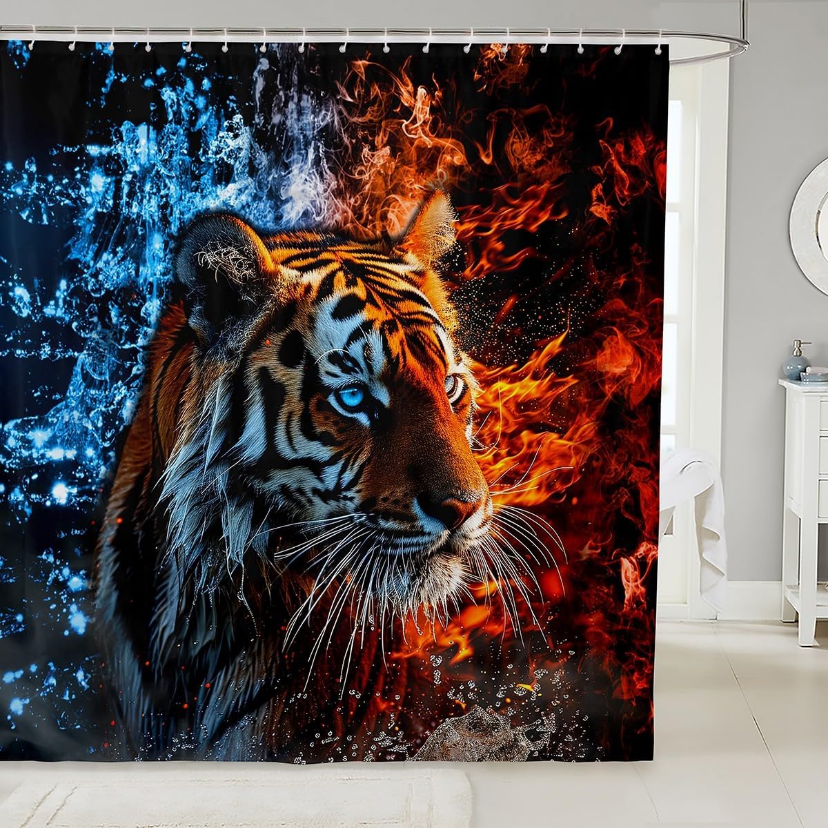 

Tiger Shower Curtain Boys Girls Kids Women Men Cool Fire Animal Print Wild Wildlife Bathroom Decor Hooks W60H190(CM)-1 Pcs