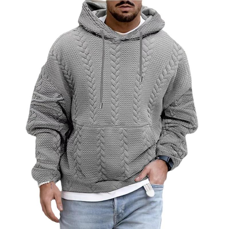 Men S Casual Hooded Pullover Sweatshirt Jacquard Solid Long Sleeve Loose Fit