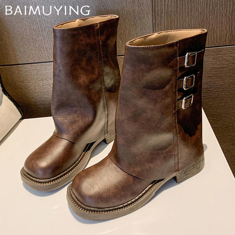 Zimní robustní dámské kotníkové boty Kožené módní boty na středním podpatku 2025 Trend Designové lodičky Gladiátorky Motorkářské Botas De Mujer