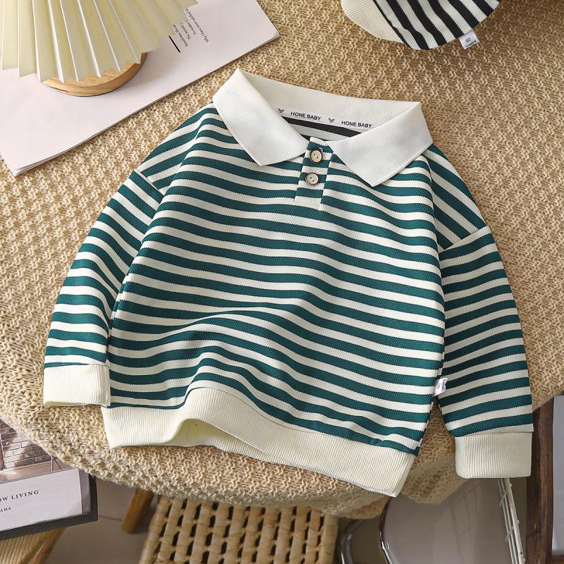 Kids' Striped Long-Sleeve Polo Shirt - 2023 Fall Collection with Turn-Down Collar for Boys & Girls