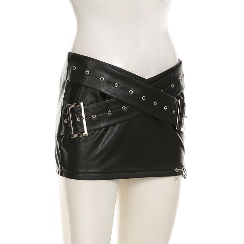 Women Heavy Leather V Low Waist Hip Personalised Punk Spice Girl Style Ring Buckle Decoration Cross Cock Eye Belt Short Skirt Suit
