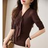 Chic and Elegant Mesh V-neck Short Sleeve Blouse for Women with Big Size That Covers The Abdomen and Highlights Slimming Effect