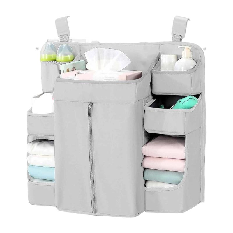 Baby Crib Hanging Organizers 6 Compartments Large Zippered Pocket Durable Fabric Nursery Storage Solution