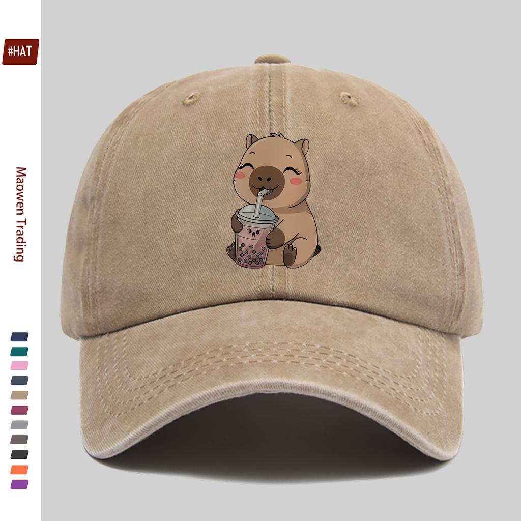 Pc Capybara trinkt Milchtee Aufdruck Baseballkappe Lässige Trucker-Sonnenkappe Bequem und leicht Papa-Hut Mama und Papa B