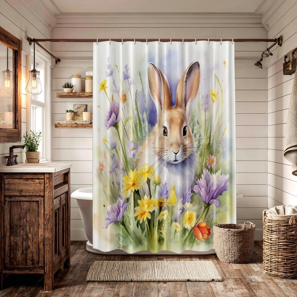Watercolor Rabbit and Flowers Pattern Waterproof Shower Curtain 180x200cm - Spring Floral Print Bath Curtain for Home Decor