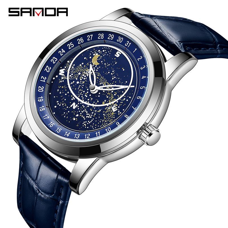 Sanda 7002 Men's Luminous Quartz Watch with Leather Strap & Rotating Starry Sky Dial