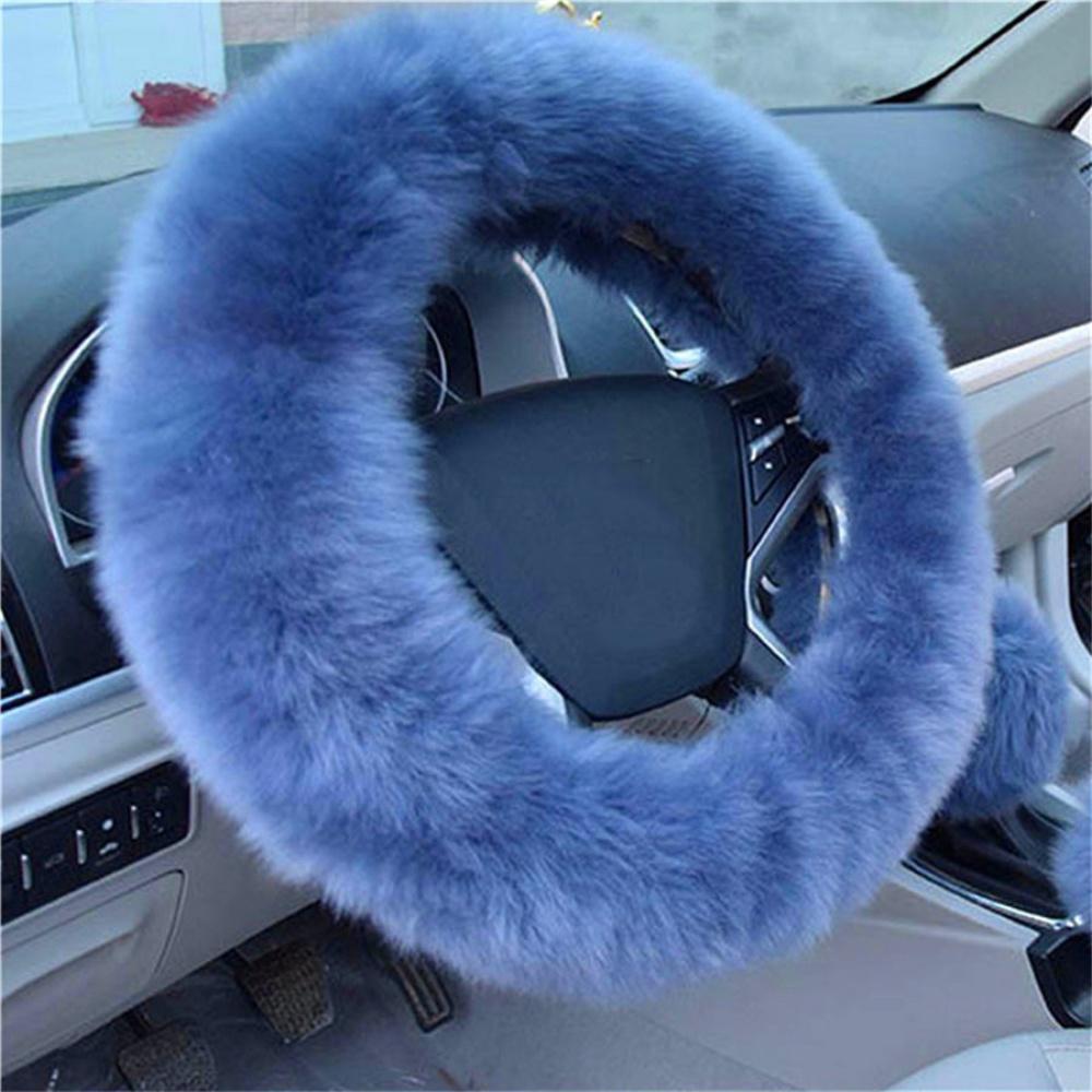 Gray Blue Long Plush Fur Cover For Steering Wheel&Gear Knob&Parking       Brake