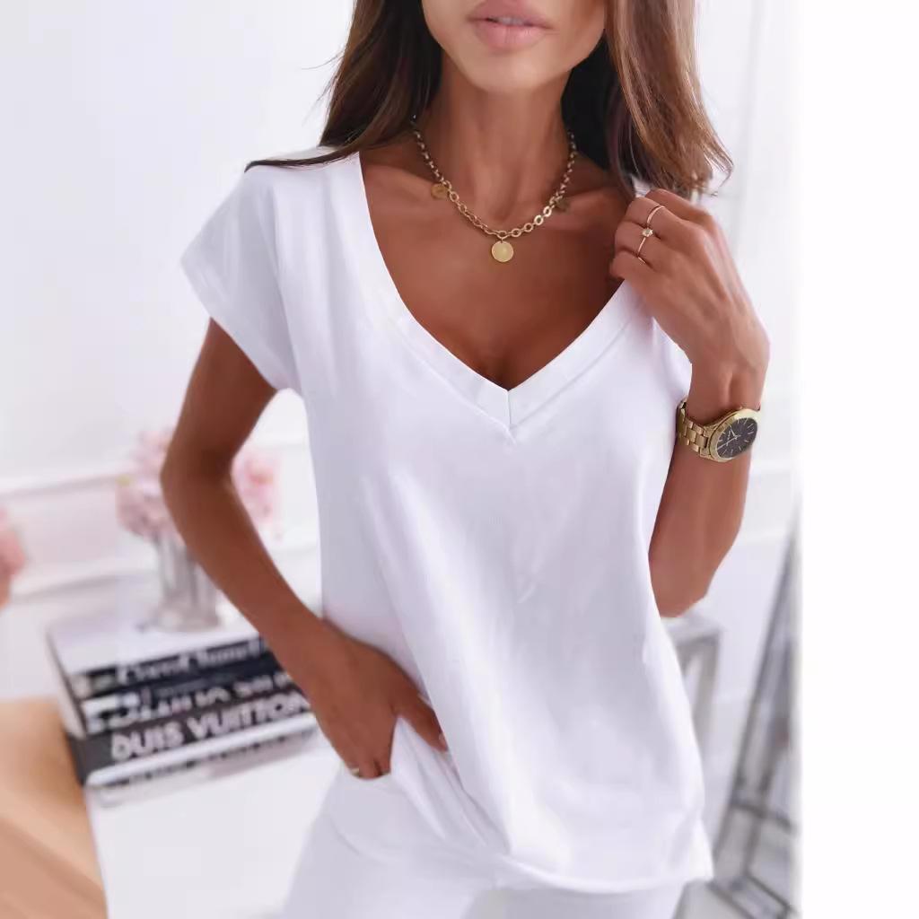 Camicette e camicie con scollo a V a maniche corte con stampa tinta unita primavera estate casual alla moda da donna