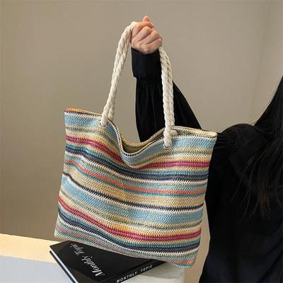 Bolsos de mano para mujer con diseño de tejido de paja, color arcoíris, gran capacidad, para playa, verano, bolso de hombro, bolso informal para ir al trabajo.