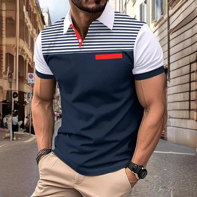 Men’s summer casual printed striped short-sleeved polo shirt with faux pockets and a lapel