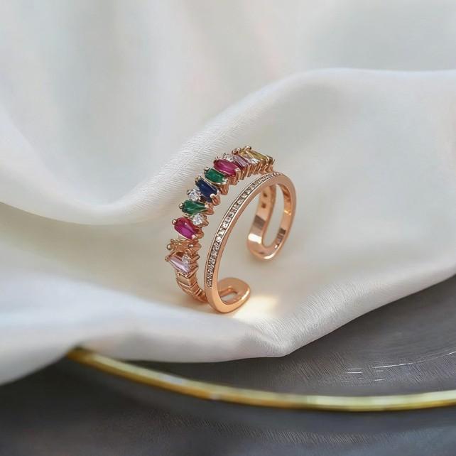 Premium full diamond colored zircon double ring ins wind rose gold double ring open design ring
