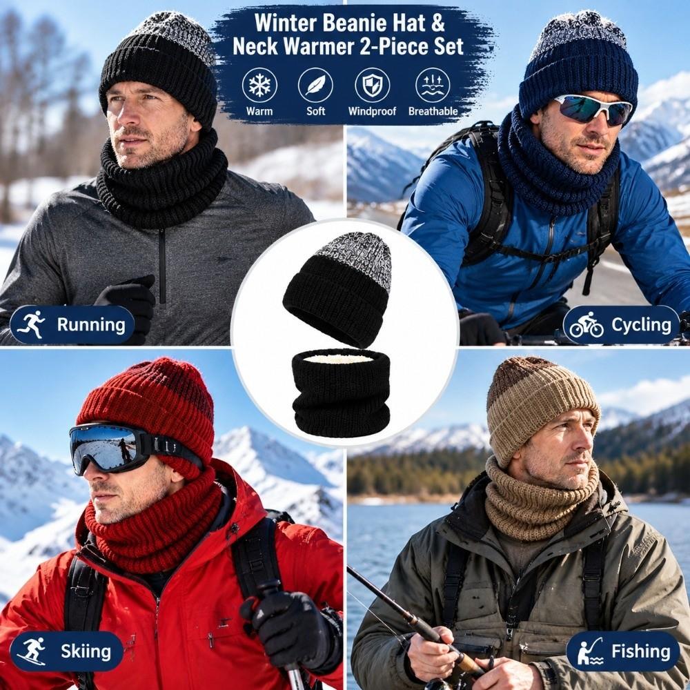 Thick Knit Neck Warmer Fleece Lined Knit Cap Soft Beanie Hat Outdoor Sports
