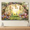 2D Easter Garden Backdrop with Floral Arch, Bunnies and Decorated Eggs Banner