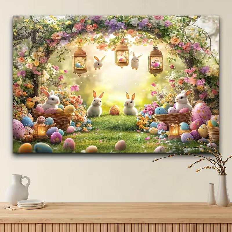 2D Easter Garden Backdrop with Floral Arch, Bunnies and Decorated Eggs Banner