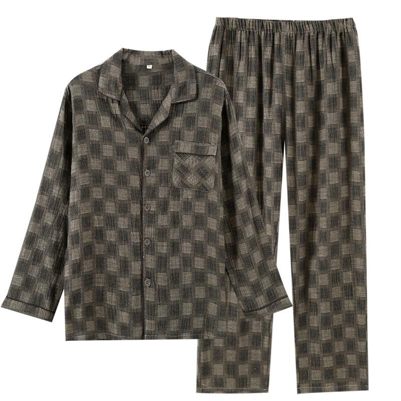 Pajamas Men's Japanese Spring and Autumn Cotton Yarn-dyed Plaid Loungewear Long Sleeve Pants Set Loose Large Size Loungewear