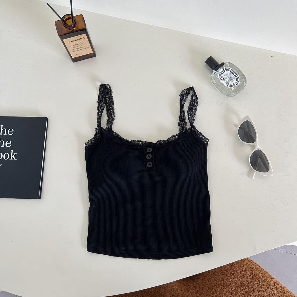 Camiseta sin mangas acanalada de encaje, Tops cortos con cuello Halter para mujer, camisola con botones, camisola con espalda al aire, chaleco recortado sin mangas de tubo de punto a la moda para mujer