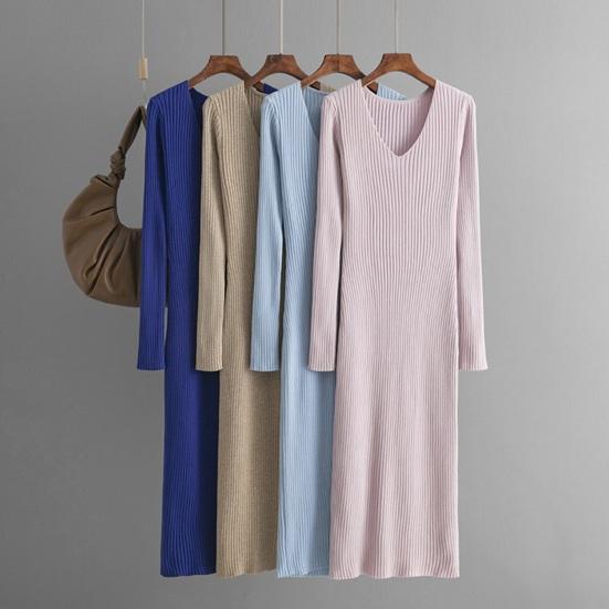 Dámské svetrové šaty Podzimní s dlouhým rukávem Výstřih do V Žebrovaný úplet Rozparek Dlouhé šaty Ležérní Bodycon Slim Fit Midi šaty
