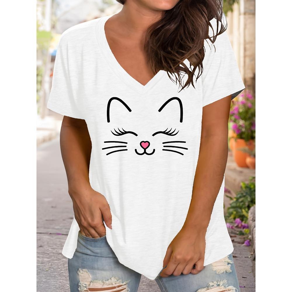 Übergröße Cartoon-Katzen-Print T-Shirt, Lässiges V-Ausschnitt Kurzarm-T-Shirt, Damen Übergrößen Bekleidung