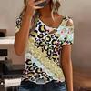 Women Leopard Print Stitching Print Cold Shoulder Short Sleeve T Shirt Irregular Cutout Neck Casual Summer Blouse Top