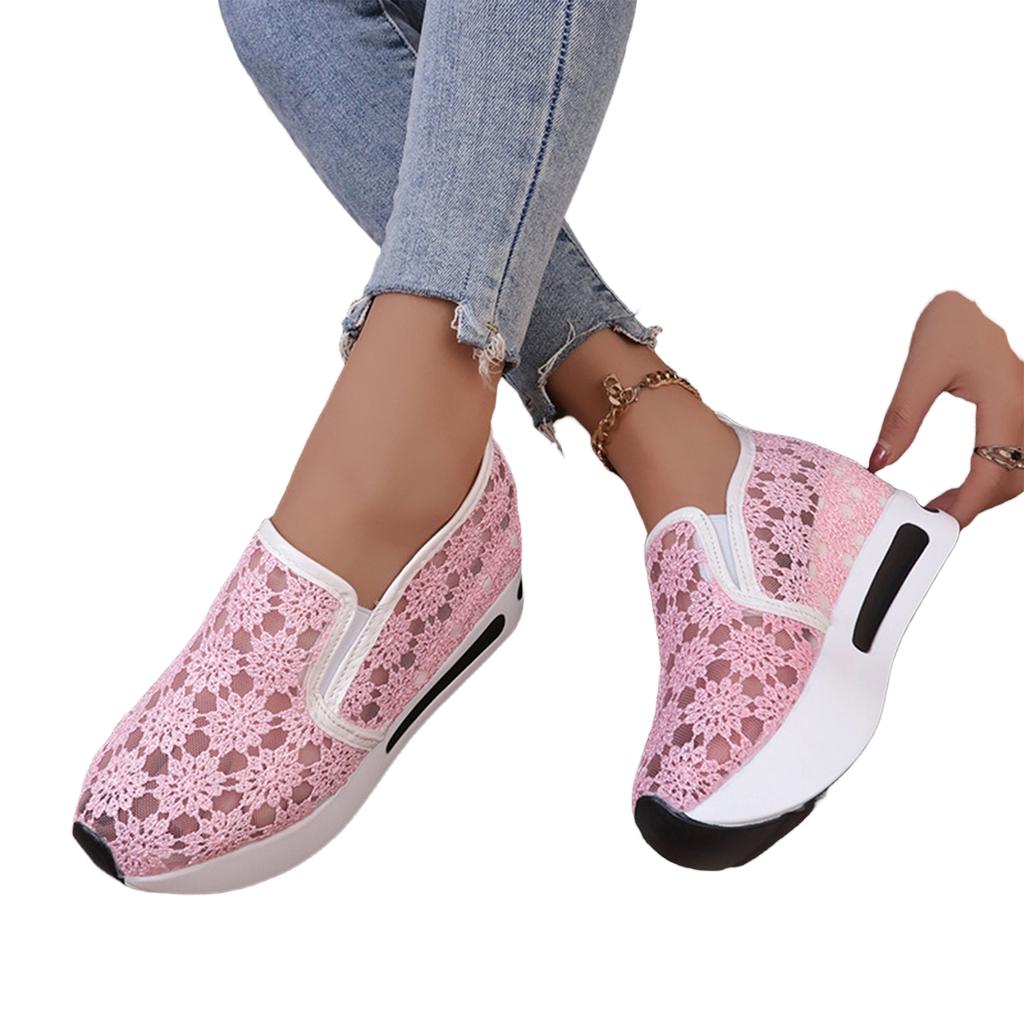 Women's Lace Mesh Platform Slip On Casual High Heel Shoes with Wedge Sole Lightweight Breathable Design Comfortable Fit