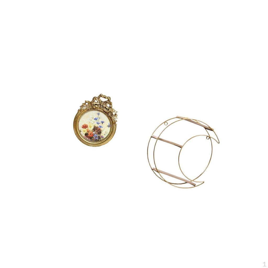 Vintage Ornate Round Photo Frame with European Metal Wall Hanging Shelf Multifunctional Display for