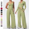 Brushed Fabric Lace-Up Long Sleeve Yoga Set with Drawstring Wide-Leg Pants