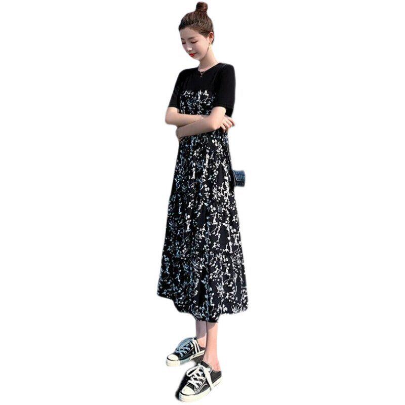 Hepburn Style Women's Floral Patchwork Midi Dress - Elegant High Waist Slimming Skirt for Summer 2026
