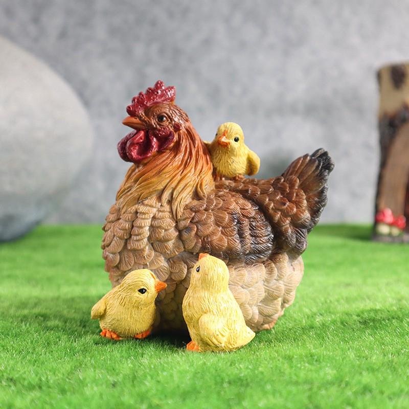 Rustic Farmhouse Rooster Hen With Three Chicks Garden Decor Resin Figurine Outdoor Yard Ornament