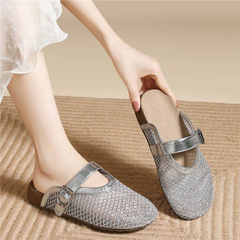 Mary Jane half-mop sandals buckle comfortable and not tired feet summer women's shoes silver hollow mesh bag head half slippers