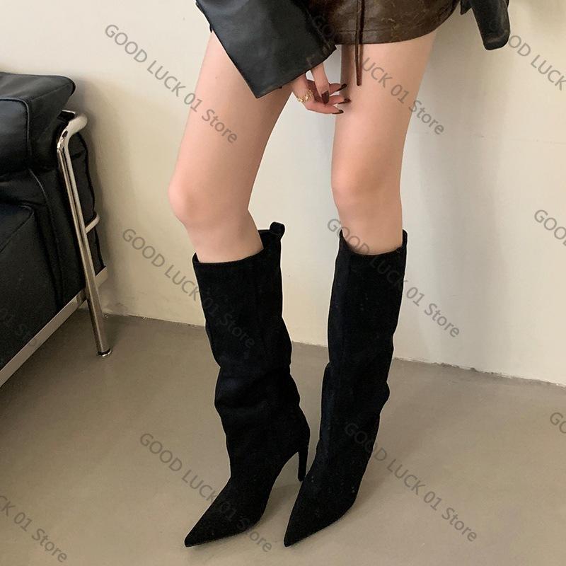 

Fashion 8 cm Heel Boots Sharp Pointed Straight Tube Beautiful Alien Heels Knee High Trouser Boots Fashion Sexy Women Shoes Women Boots 35 чёрный