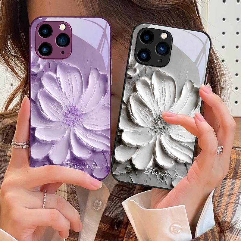 Blooming Flowers Rose Purple For IPhone 15 Pro 14 13 12 Mini 11 XS Max XR 7 8 Plu SE 2020 2022 Tempered Glass Phone Case
