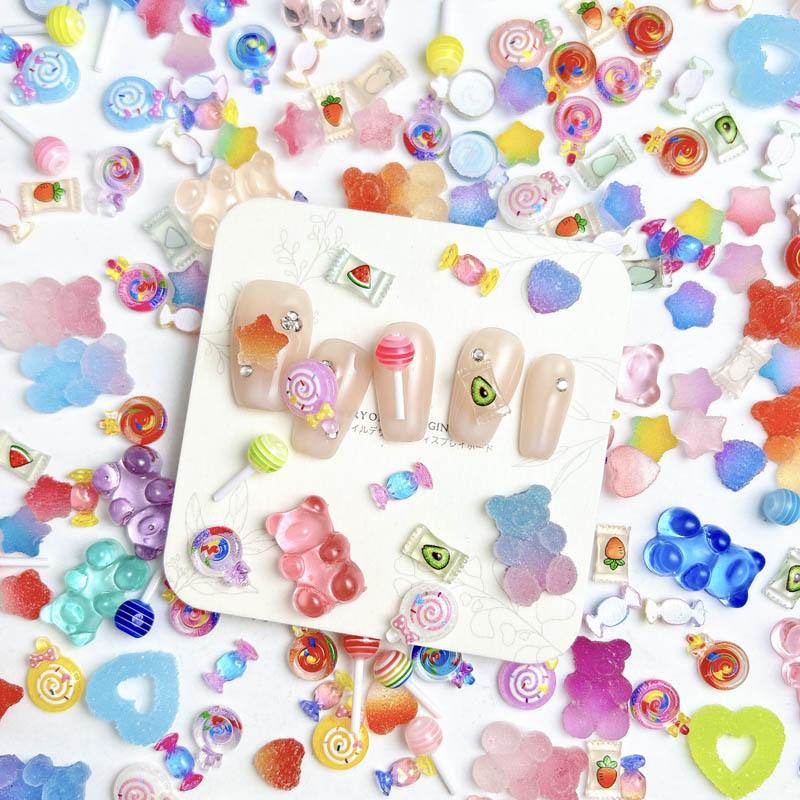 Colorful Candy Mixed Series Nail Art Charms Painted Lollipops Fudge Hearts Beas Nail Decorations Accessories for Manicure DIY