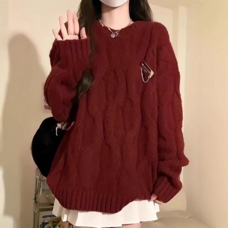 Women's Red Cable Knit Sweater - Simple, Loose, and Cozy for Christmas, New Year, Autumn, and Winter.