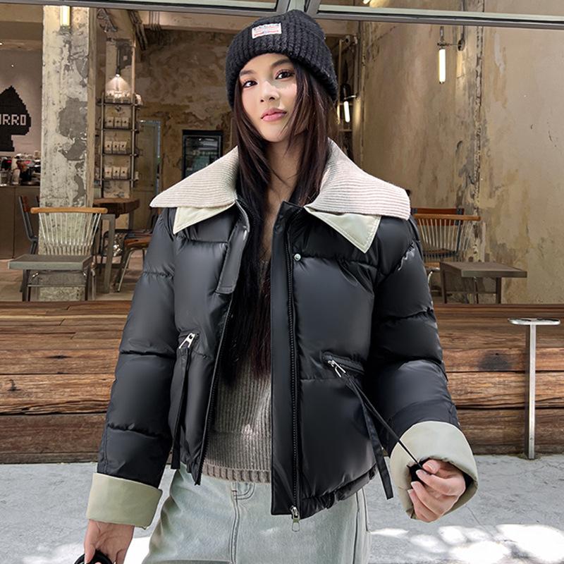 Knitted Lapel Short Down Cotton-padded Jacket for Women's Winter Thickened Leather Splicing Cotton-padded Jacket