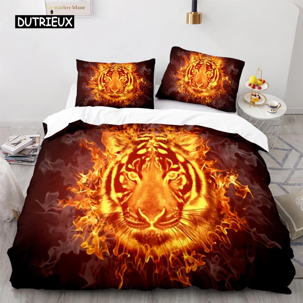 Flame Tiger Duvet Cover 3D Cool Colorful Bedding Set for Kids Girls Soft Microfiber Quilt Cover with Zipper Closure