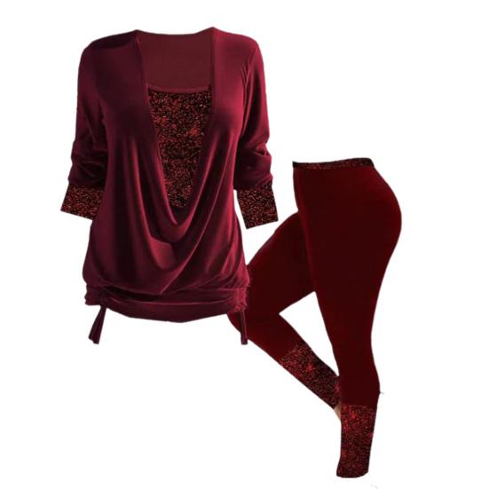 2 unids/set mujeres Top pantalones conjunto contraste Color brillante lentejuelas falsas dos piezas holgado manga larga cálido Casual