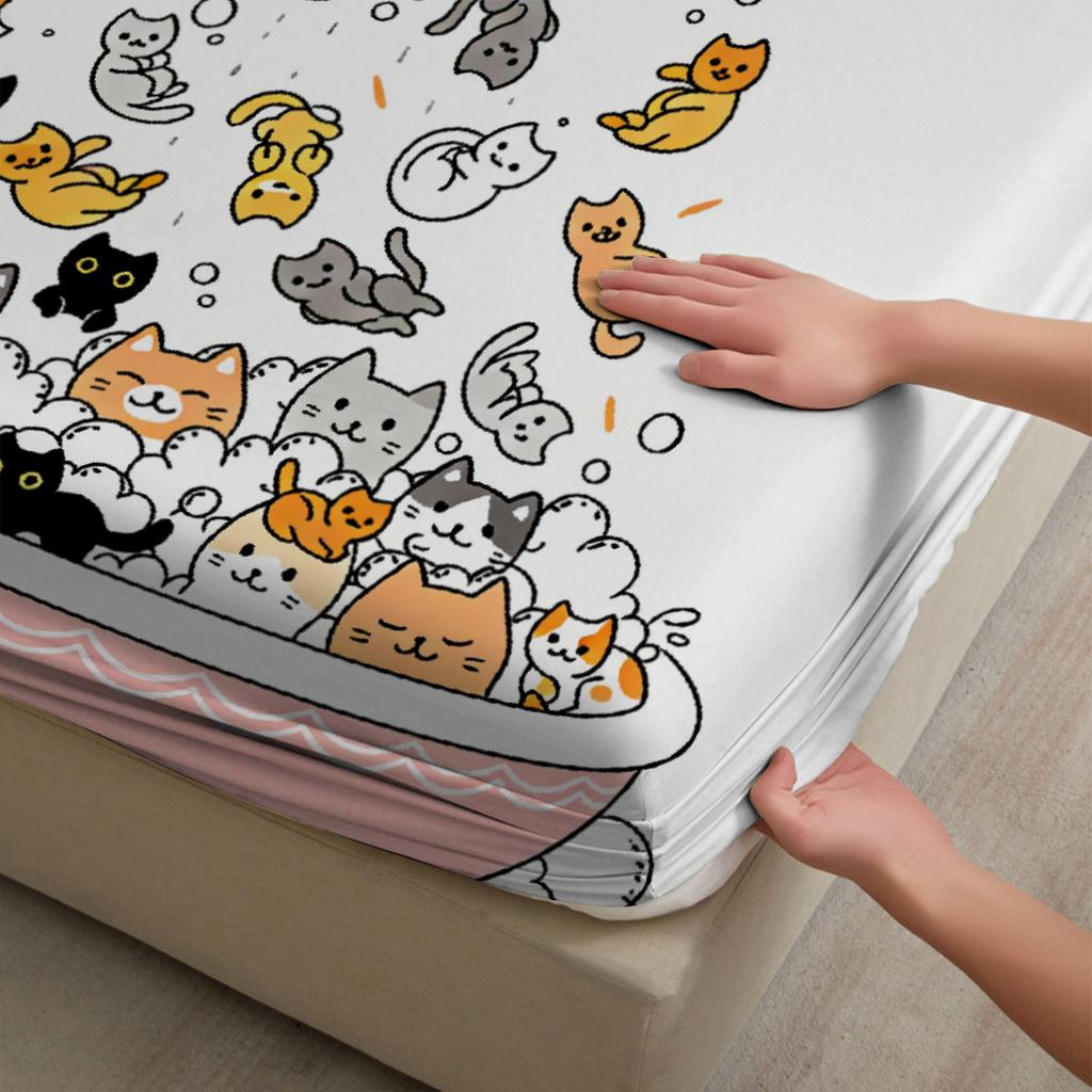 Cute Cats In Bathtub Fitted Sheet Set White Cartoon Cat Pattern With Pillowcases For Bedroom