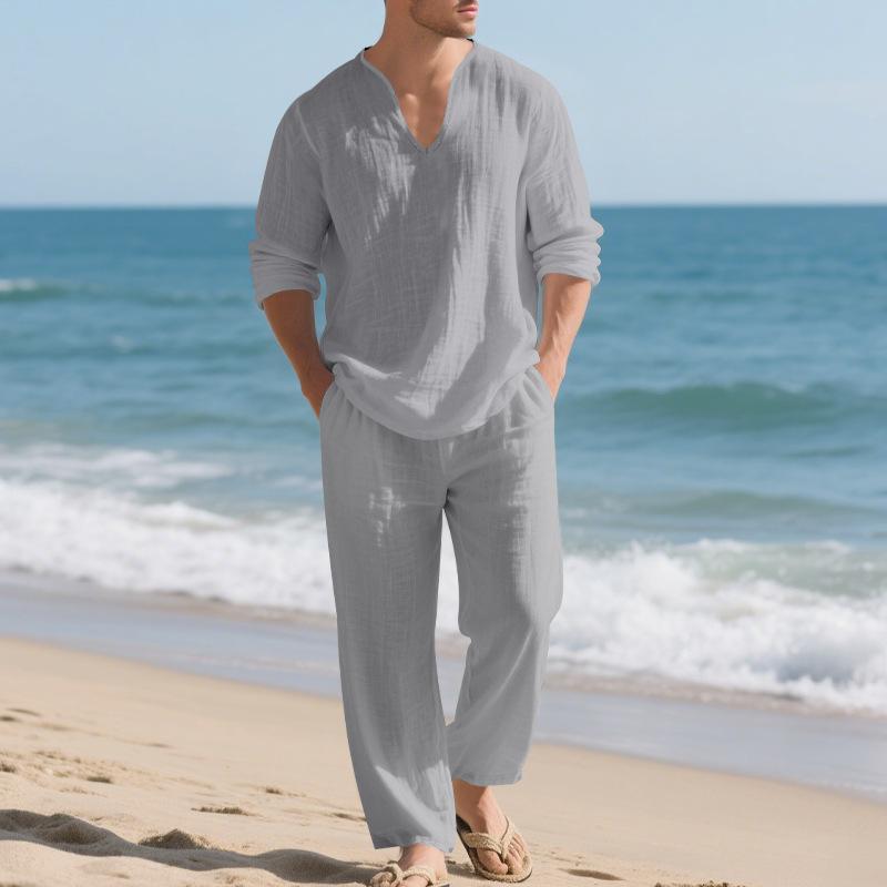 Conjunto de Linho Masculino: Conjunto Esportivo Casual para Praia, Gola V, Corte Amplo, Manga Longa