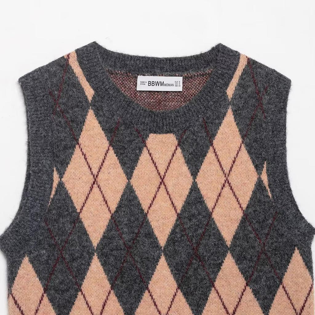 European and American style, new women's clothing, fashionable, versatile, cross-border rhombus pattern vest knitted sweater
