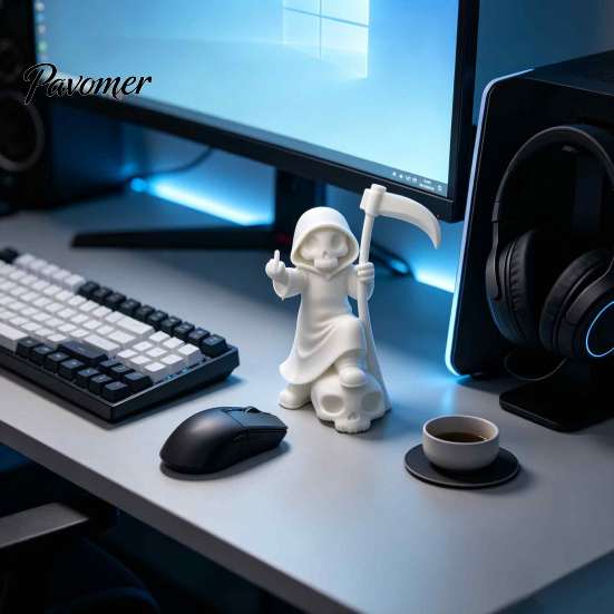 Collectible Creative Art 3D Printed Cute Grim Reaper Figurine, Skeleton Little Statue with Artistic Gesture Ornament Scythe & Skull Base, Funny Gothic