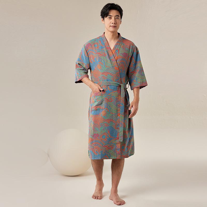 Pure Cotton Double Gauze Chinese Style Couple Bathrobe - Spring/Summer, Thin, Absorbent, Quick-Drying Pajamas/Homewear