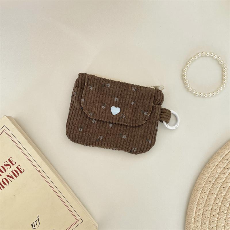 Cute Corduroy Coin Purse Fashion Floral Print Heart Snap Button Mini Wallet for Student School Carry Change Jewelry Storage