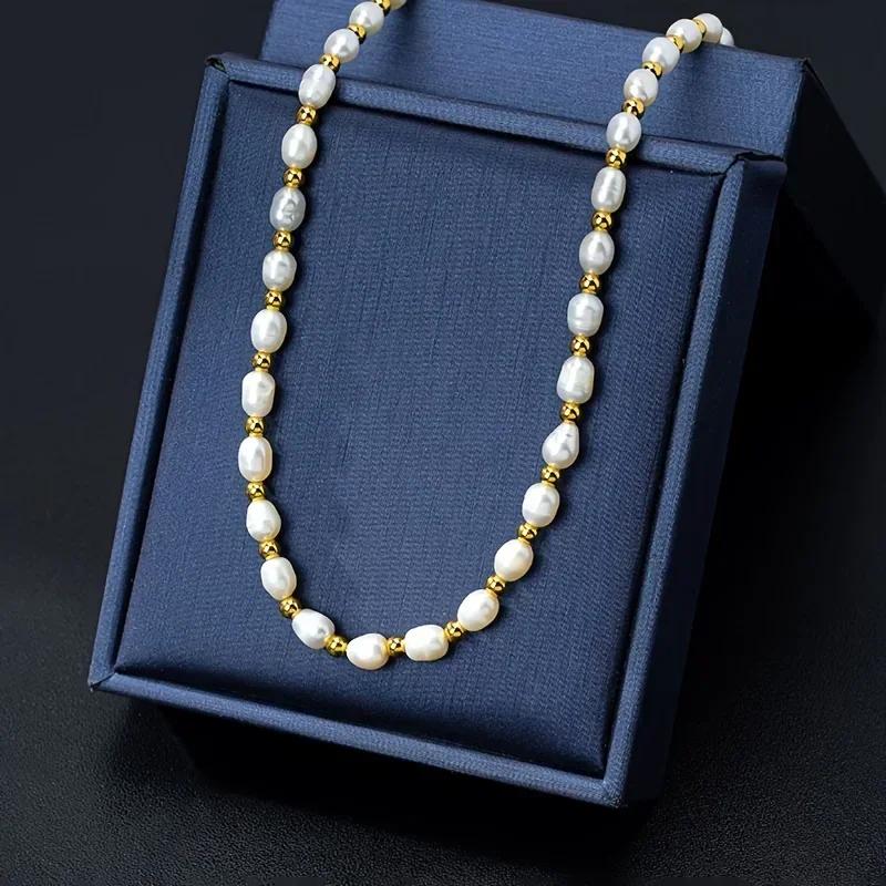 HENGSHENG 6-7mm Rice Shape Freshwater Pearl Necklaces for Women 14K Gold Plated 40+5cm Adjustable Pearl Necklaces Jewelry Gifts