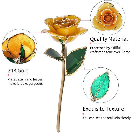 FILFEEL 24K Vergoldete Rose, Langer Stiel, 11-12 Zoll, Echte Rose, Gold, Luxuriöse Eleganz, Künstliche Blume, Konservierte Rose, Party, Schmuck,