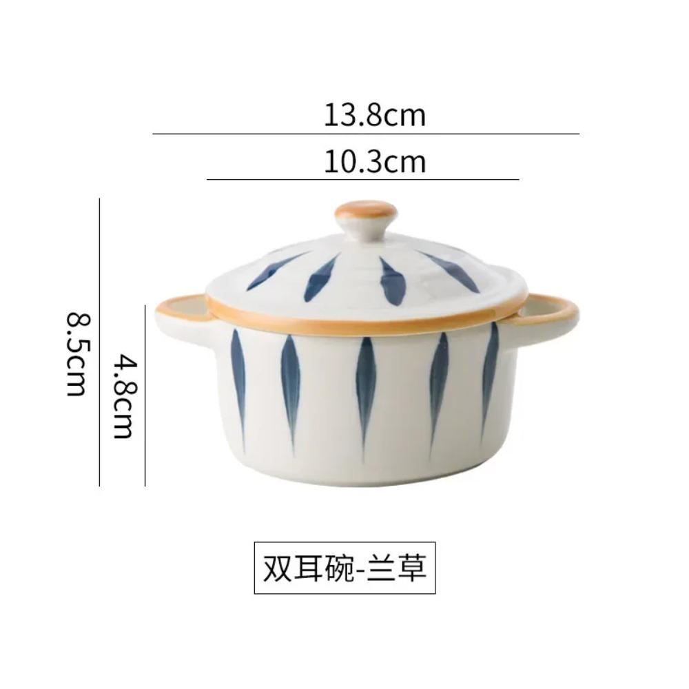 Kreslená keramická mísa s dvojitým uchem s víčkem Dětský doplněk stravy Mísa Nudle Ramen salát Dušená mísa na vejce Nádobí do mikrovlnky
